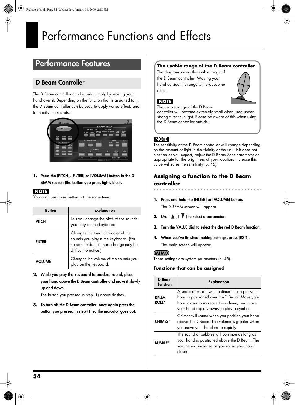 Performance functions and effects, Performance features, D beam controller | Assigning a function to the d beam controller, P. 34), Performance functions and effects” (p. 34) | Roland Prelude User Manual | Page 34 / 112