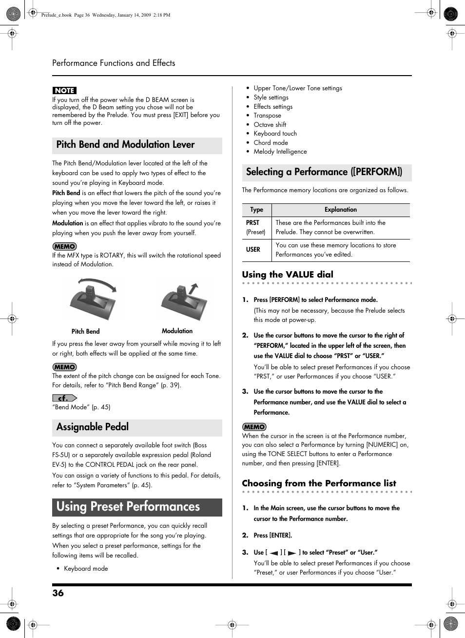 Pitch bend and modulation lever, Assignable pedal, Using preset performances | Selecting a performance ([perform]), Using the value dial, Choosing from the performance list, Modulation (normally vibrato) to the sound (p. 36), Performance (p. 36), What is a performance? (p. 36), Using preset performances” (p. 36) | Roland Prelude User Manual | Page 36 / 112