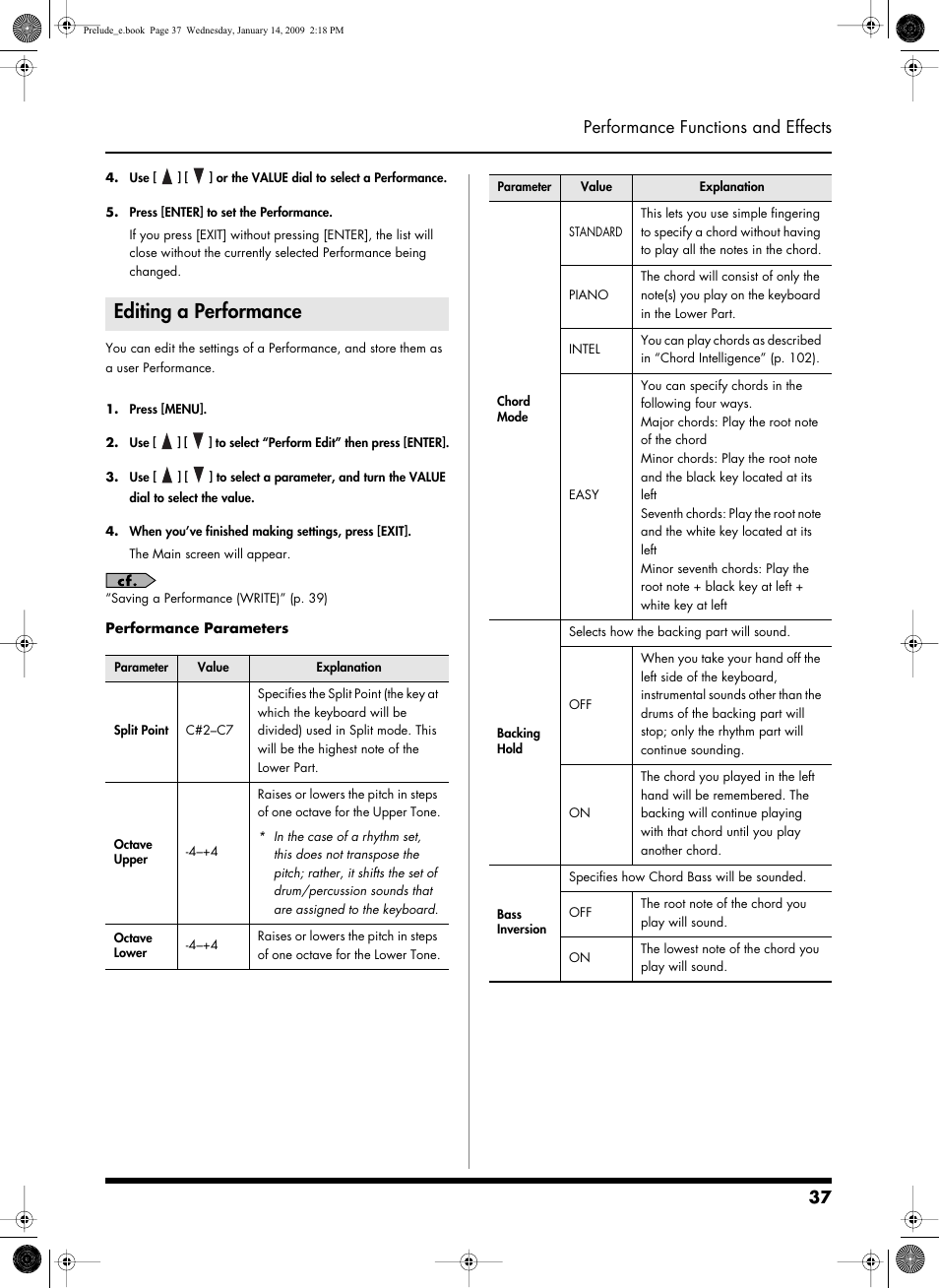 Editing a performance, 37 performance functions and effects | Roland Prelude User Manual | Page 37 / 112