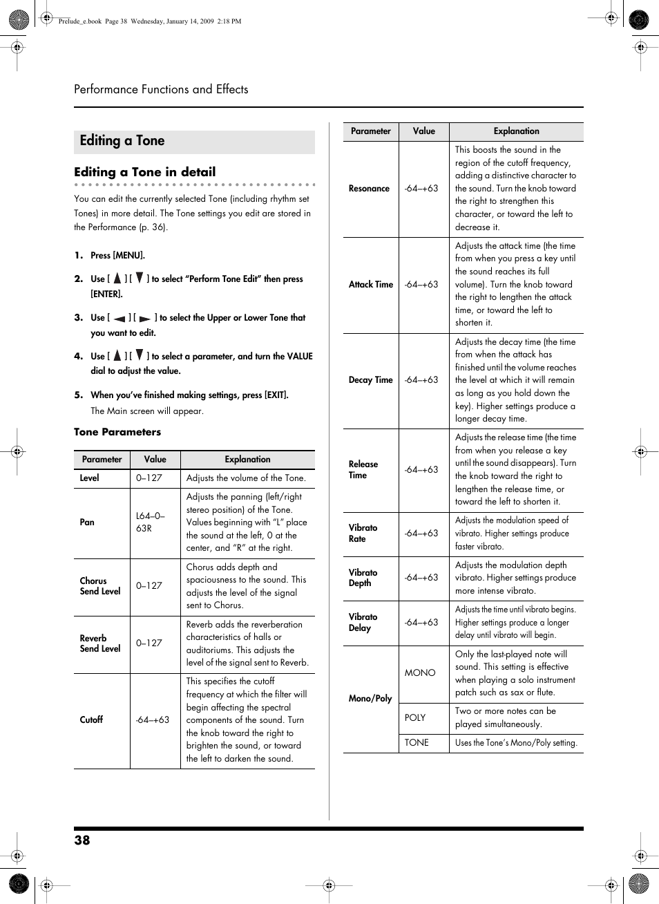 Editing a tone, Editing a tone in detail, Editing a tone” (p. 38) | Roland Prelude User Manual | Page 38 / 112