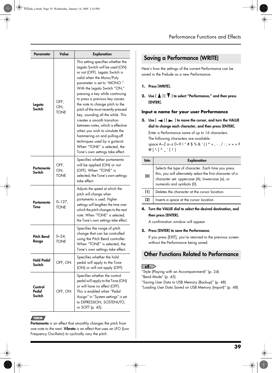 Saving a performance (write), Other functions related to performance, 39 performance functions and effects | Roland Prelude User Manual | Page 39 / 112