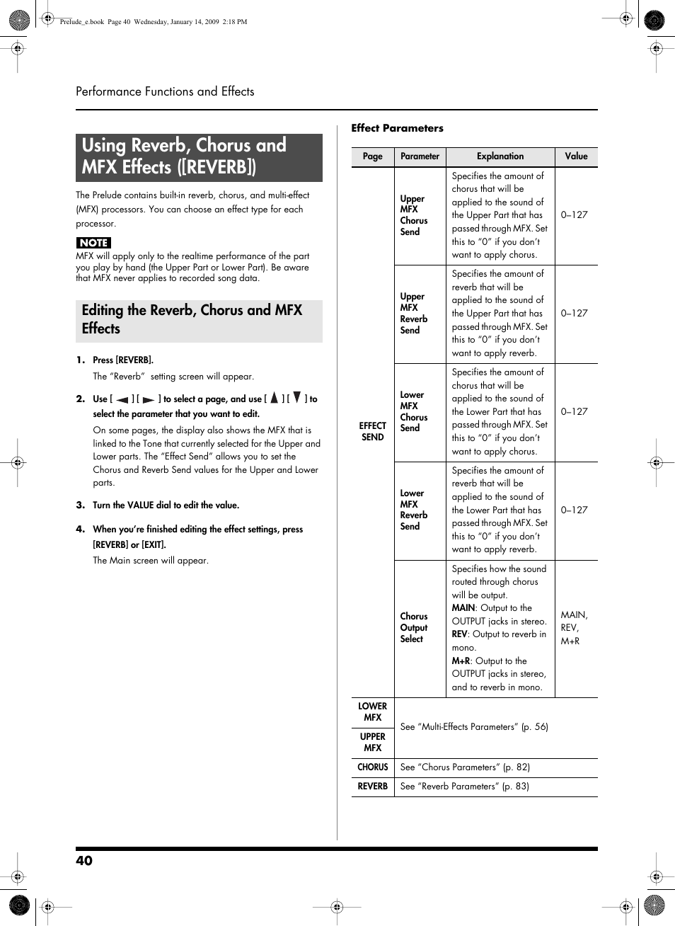 Using reverb, chorus and mfx effects ([reverb]), Editing the reverb, chorus and mfx effects, This button lets you make effect settings (p. 40) | 40 performance functions and effects | Roland Prelude User Manual | Page 40 / 112