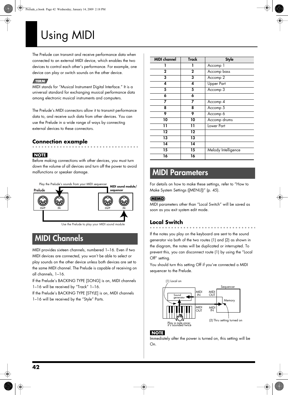 Using midi, Midi channels, Midi parameters | Local switch, Midi channels midi parameters, Connect midi devices to these connectors (p. 42), Connection example | Roland Prelude User Manual | Page 42 / 112