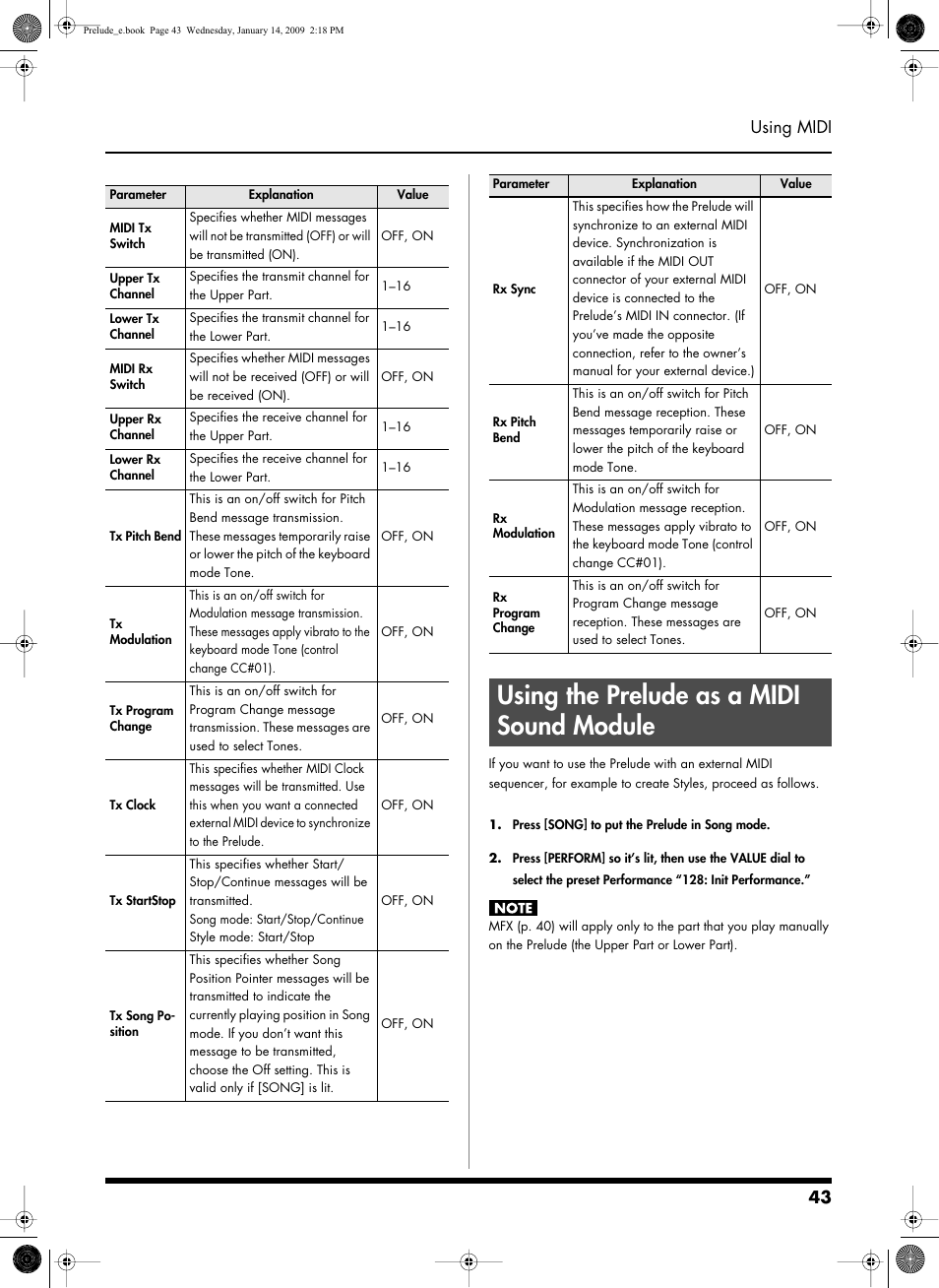 Using the prelude as a midi sound module, Using the prelude as a midi sound module. 43, Using the prelude as a midi sound module | 43 using midi | Roland Prelude User Manual | Page 43 / 112