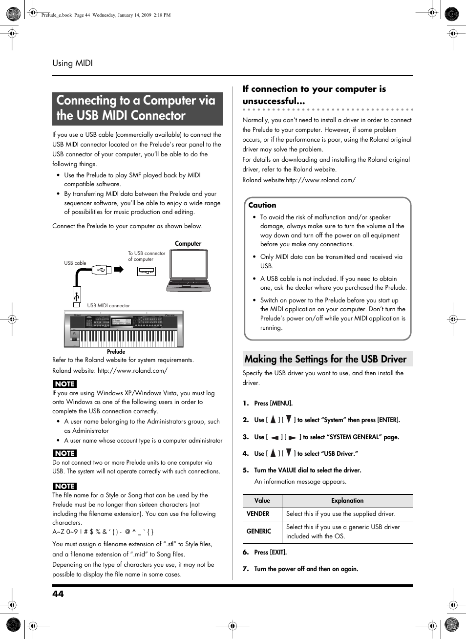If connection to your computer is unsuccessful, Making the settings for the usb driver, 44 using midi | Roland Prelude User Manual | Page 44 / 112