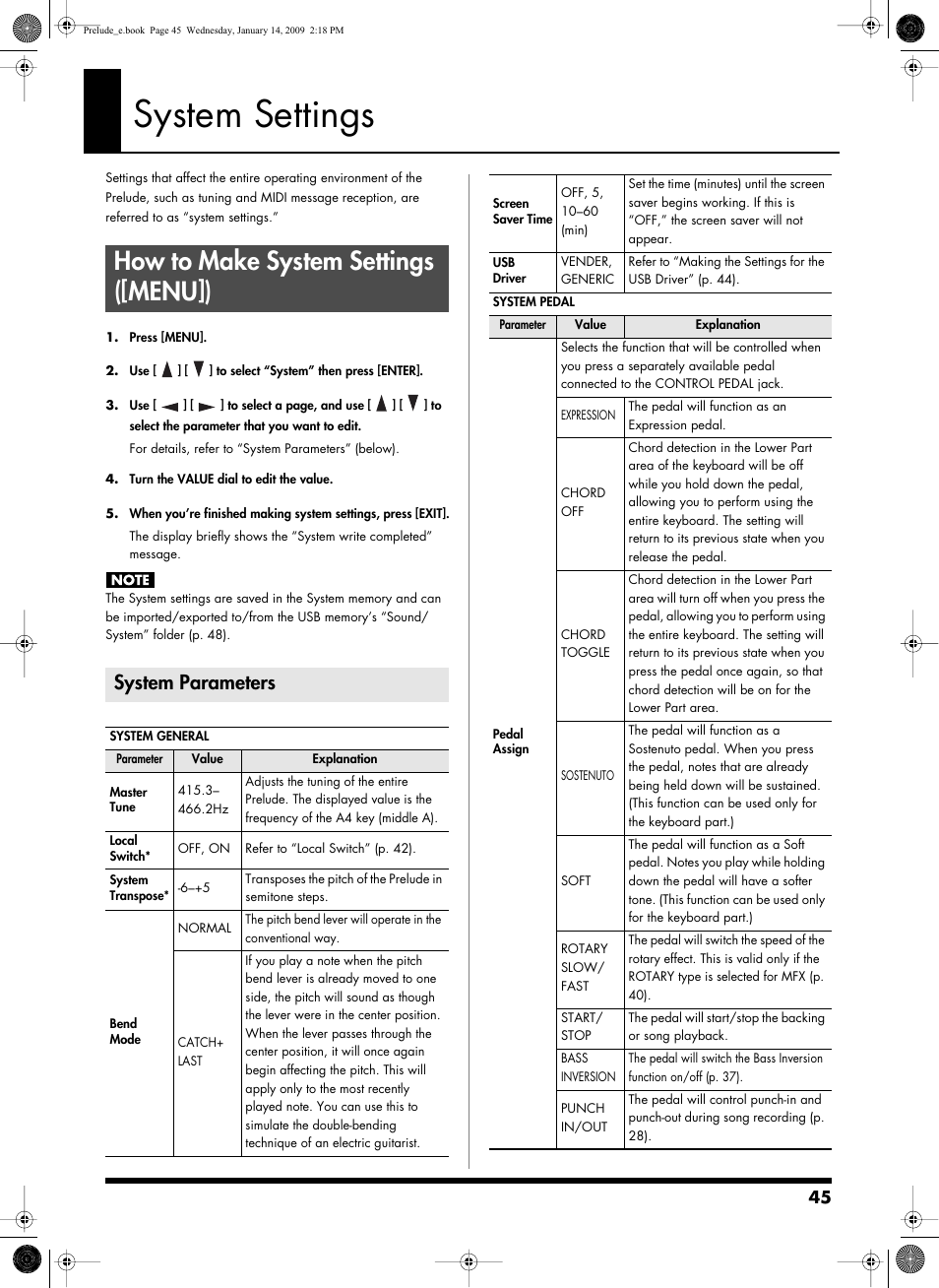 System settings, How to make system settings ([menu]), System parameters | Parameters (p. 45), Master tune” (p. 45) “system transpose*” (p. 45), These settings are system parameters (p. 45), Bend mode” (p. 45), Or soft (p. 45 | Roland Prelude User Manual | Page 45 / 112