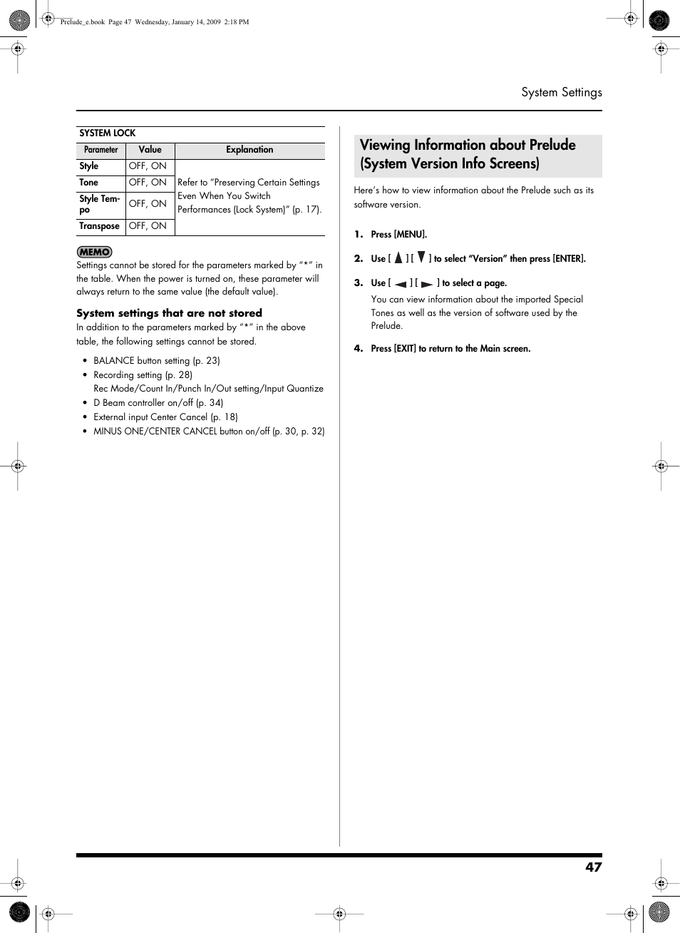 System settings that are not stored” (p. 47), 47 system settings | Roland Prelude User Manual | Page 47 / 112