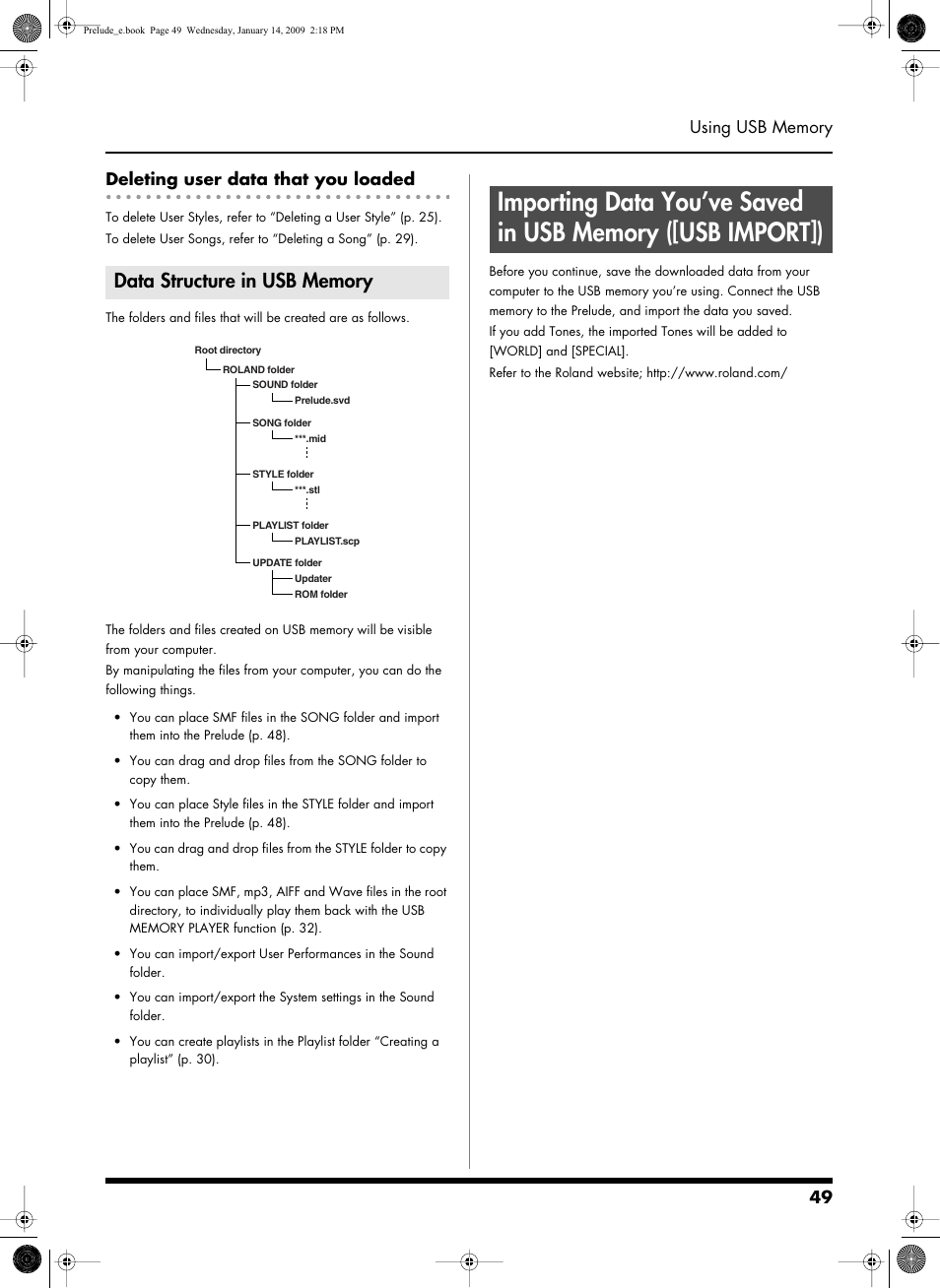 Deleting user data that you loaded, Data structure in usb memory, System (p. 49) | Roland Prelude User Manual | Page 49 / 112