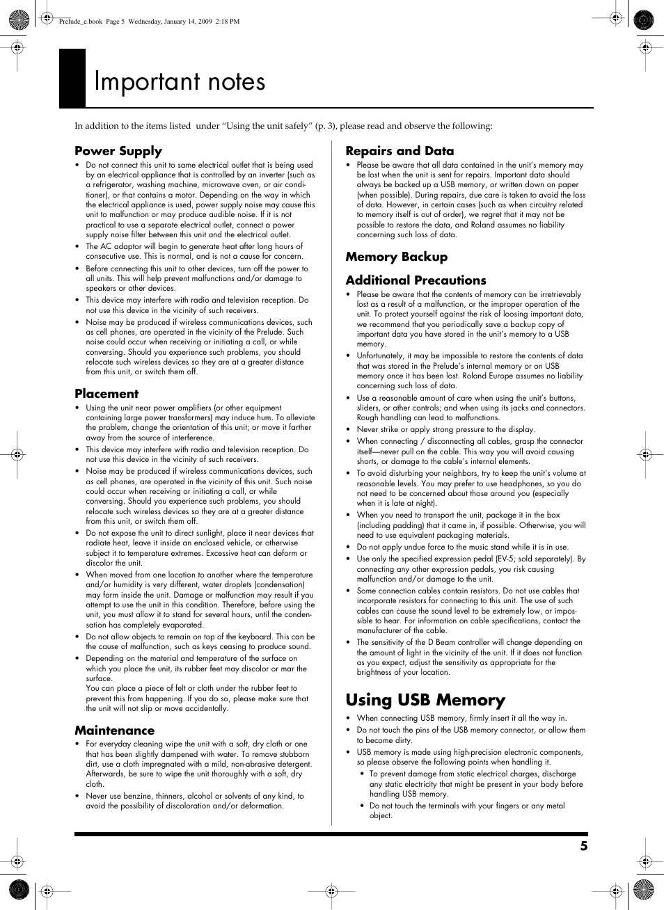 Important notes, Power supply, Placement | Maintenance, Repairs and data | Roland Prelude User Manual | Page 5 / 112