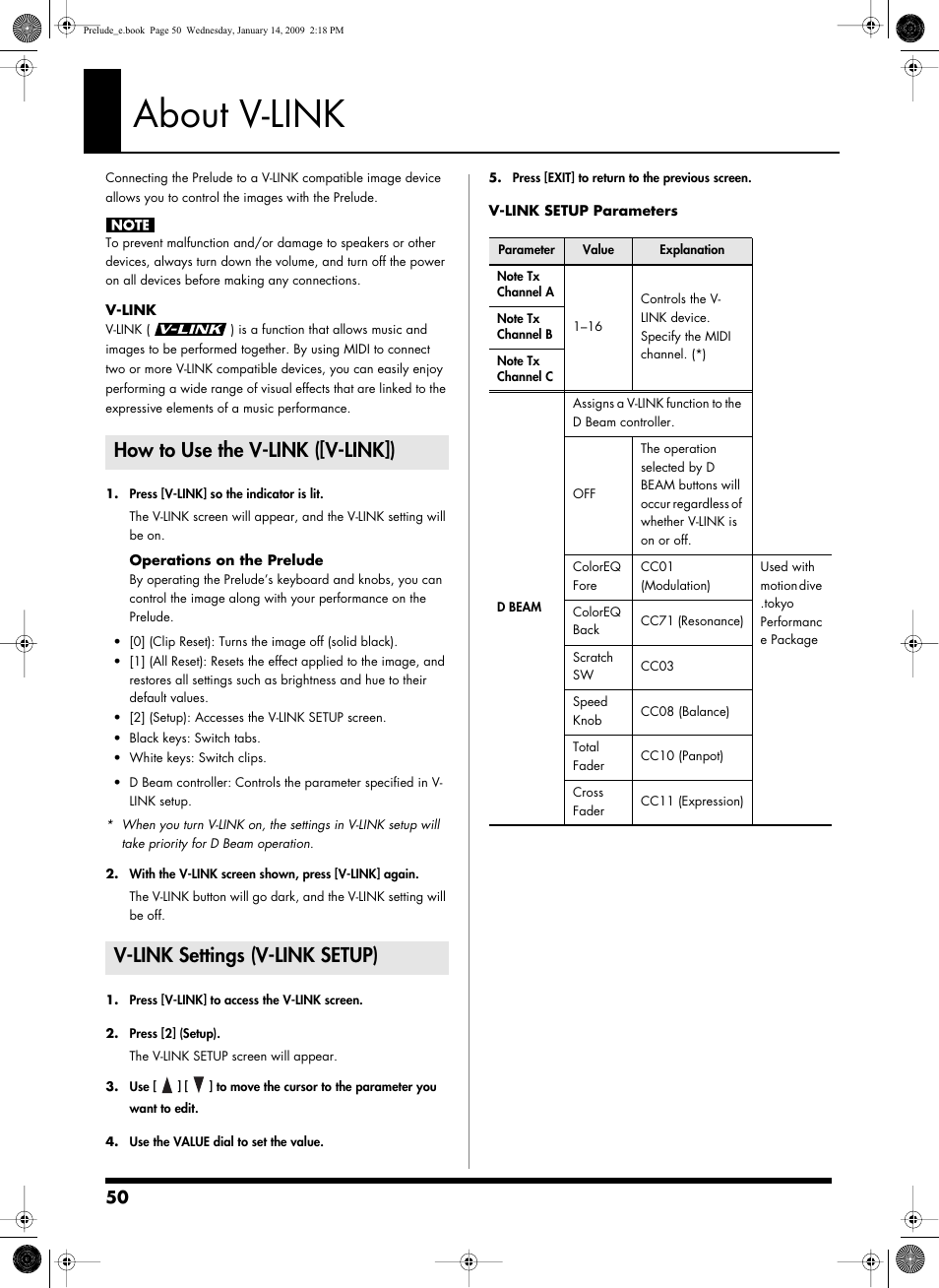 About v-link, How to use the v-link ([v-link]), V-link settings (v-link setup) | Compatible video equipment (p. 50) | Roland Prelude User Manual | Page 50 / 112