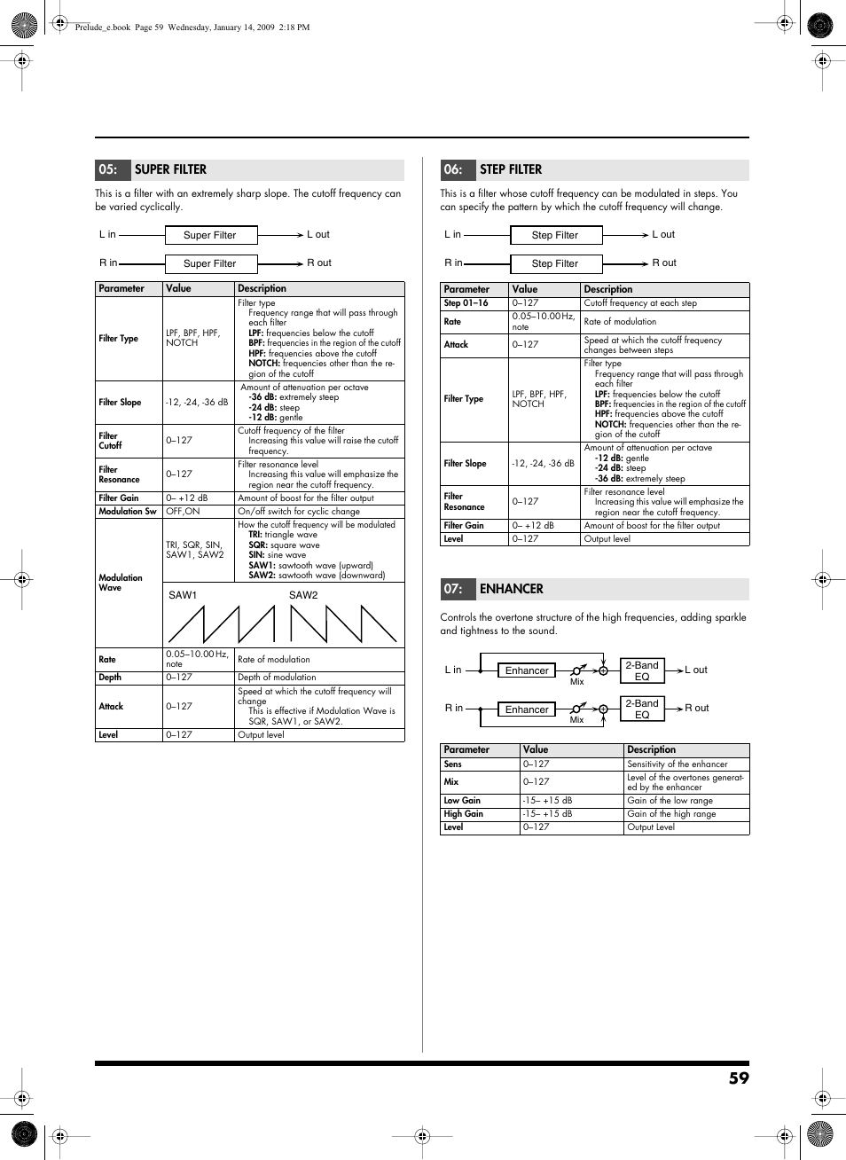 P.59, Super filter, Step filter | Enhancer | Roland Prelude User Manual | Page 59 / 112