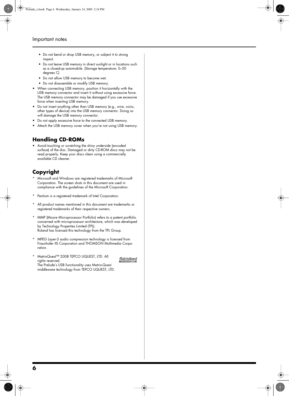 Handling cd-roms, Copyright | Roland Prelude User Manual | Page 6 / 112