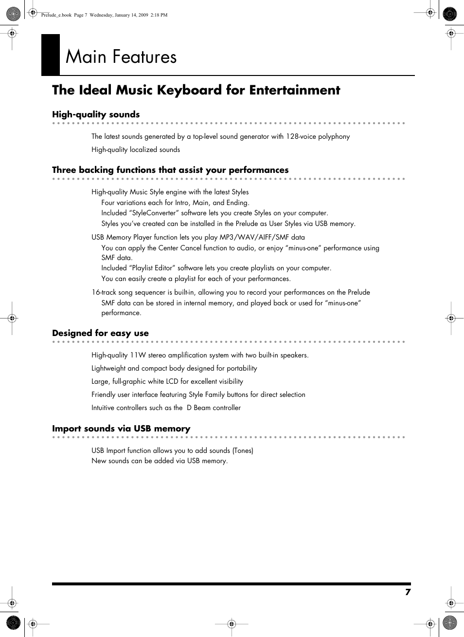 Main features, The ideal music keyboard for entertainment | Roland Prelude User Manual | Page 7 / 112