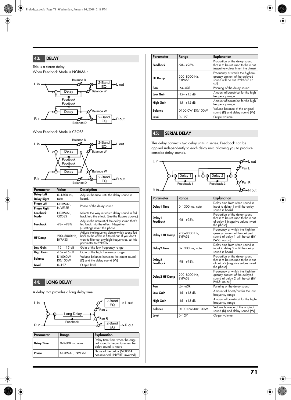P.71, Delay, Long delay | Serial delay | Roland Prelude User Manual | Page 71 / 112