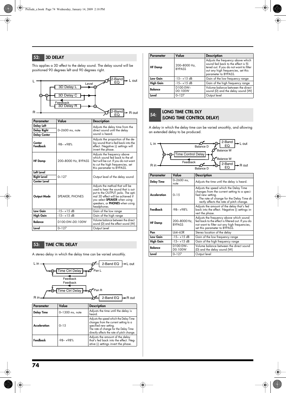 P.74, 3d delay, Time ctrl delay | Long time ctrl dly (long time control delay) | Roland Prelude User Manual | Page 74 / 112