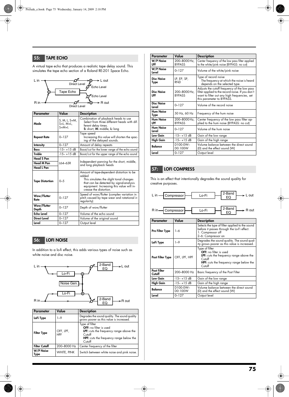 P.75, Tape echo, Lofi noise | Lofi compress | Roland Prelude User Manual | Page 75 / 112