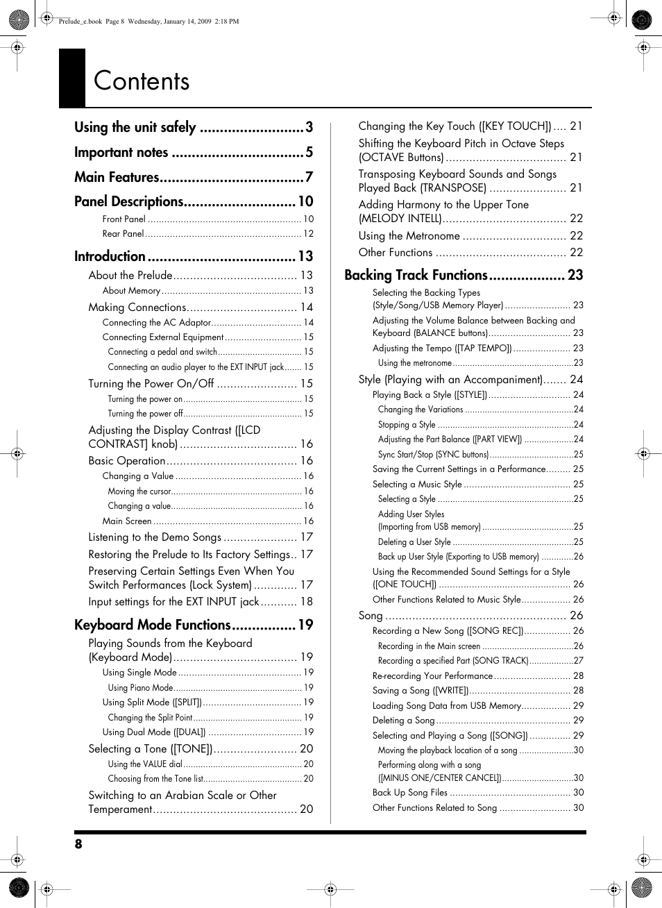 Roland Prelude User Manual | Page 8 / 112
