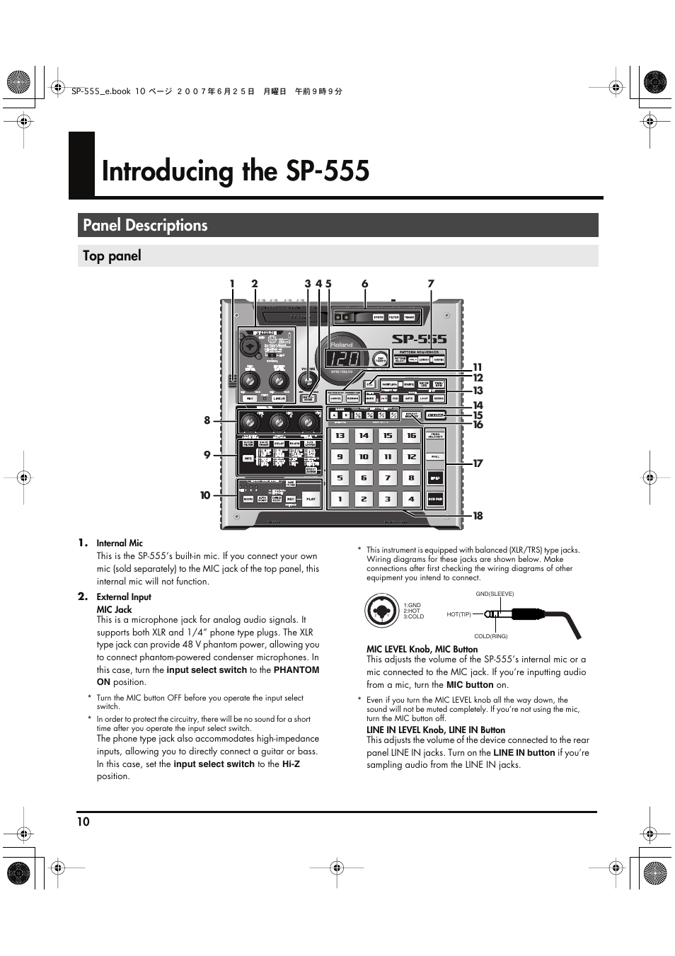 Introducing the sp-555, Panel descriptions, Top panel | Roland SP-555 User Manual | Page 10 / 80