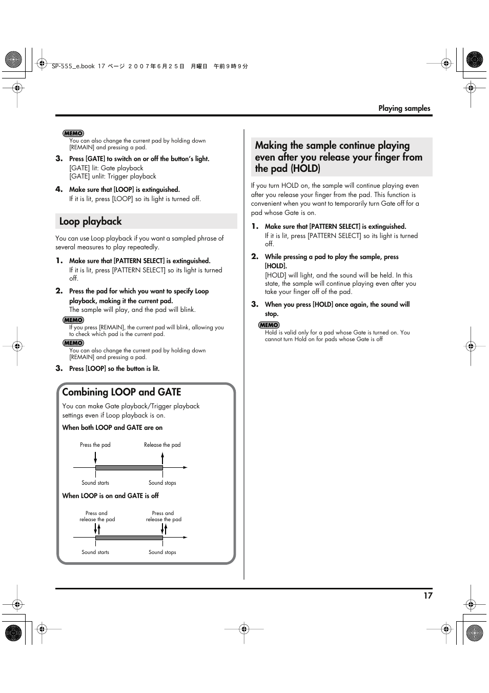 Loop playback, P. 17), Loop playback combining loop and gate | Roland SP-555 User Manual | Page 17 / 80