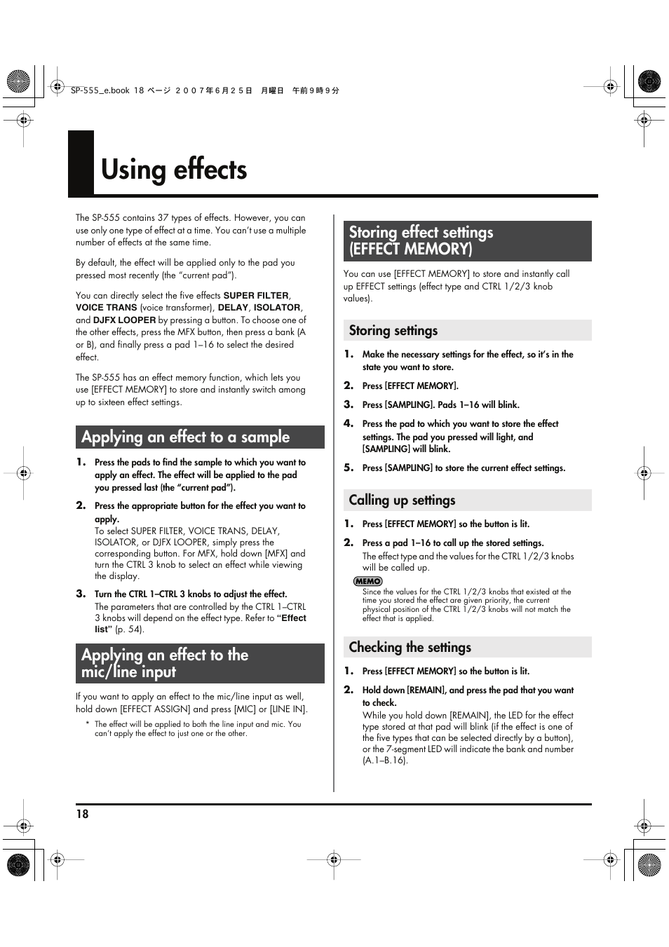 Using effects, Applying an effect to a sample, Applying an effect to the mic/line input | Storing effect settings (effect memory), Storing settings, Calling up settings, Checking the settings, P. 18) | Roland SP-555 User Manual | Page 18 / 80