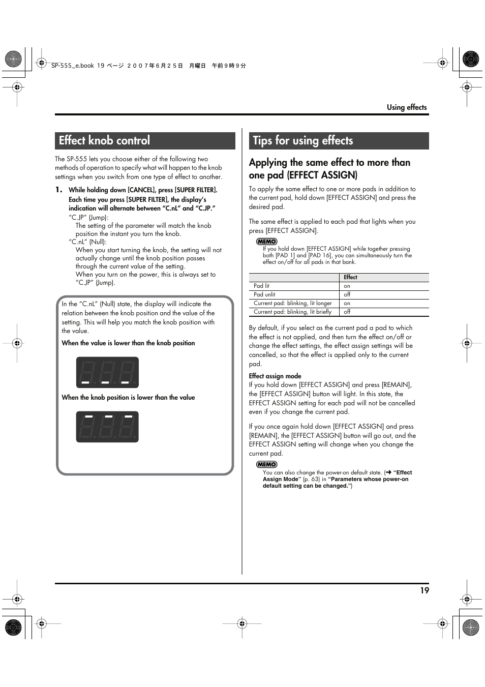 Effect knob control, Tips for using effects, Effect knob control tips for using effects | Roland SP-555 User Manual | Page 19 / 80