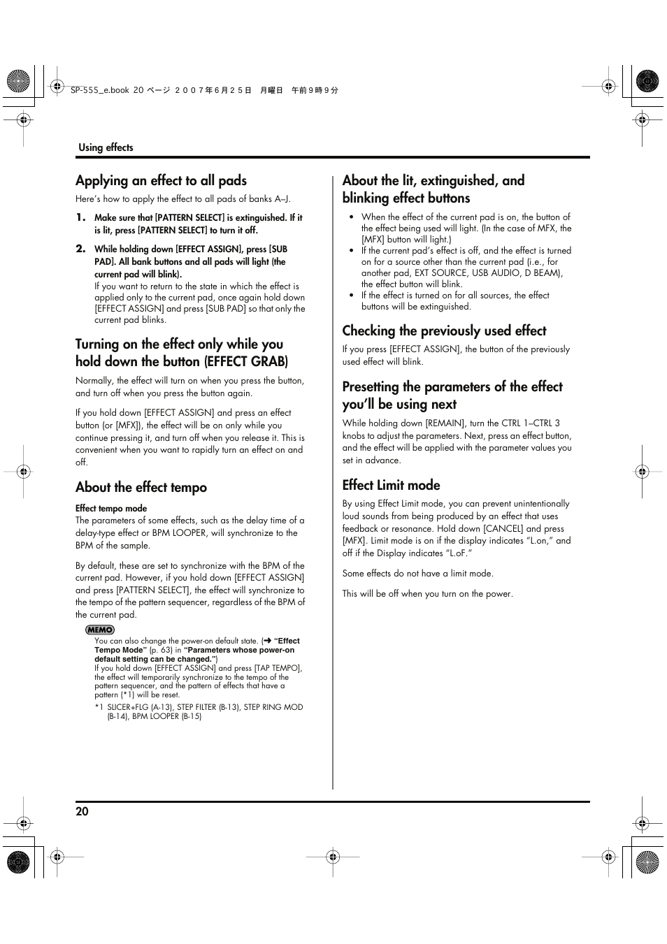 Applying an effect to all pads, About the effect tempo, Checking the previously used effect | Effect limit mode | Roland SP-555 User Manual | Page 20 / 80