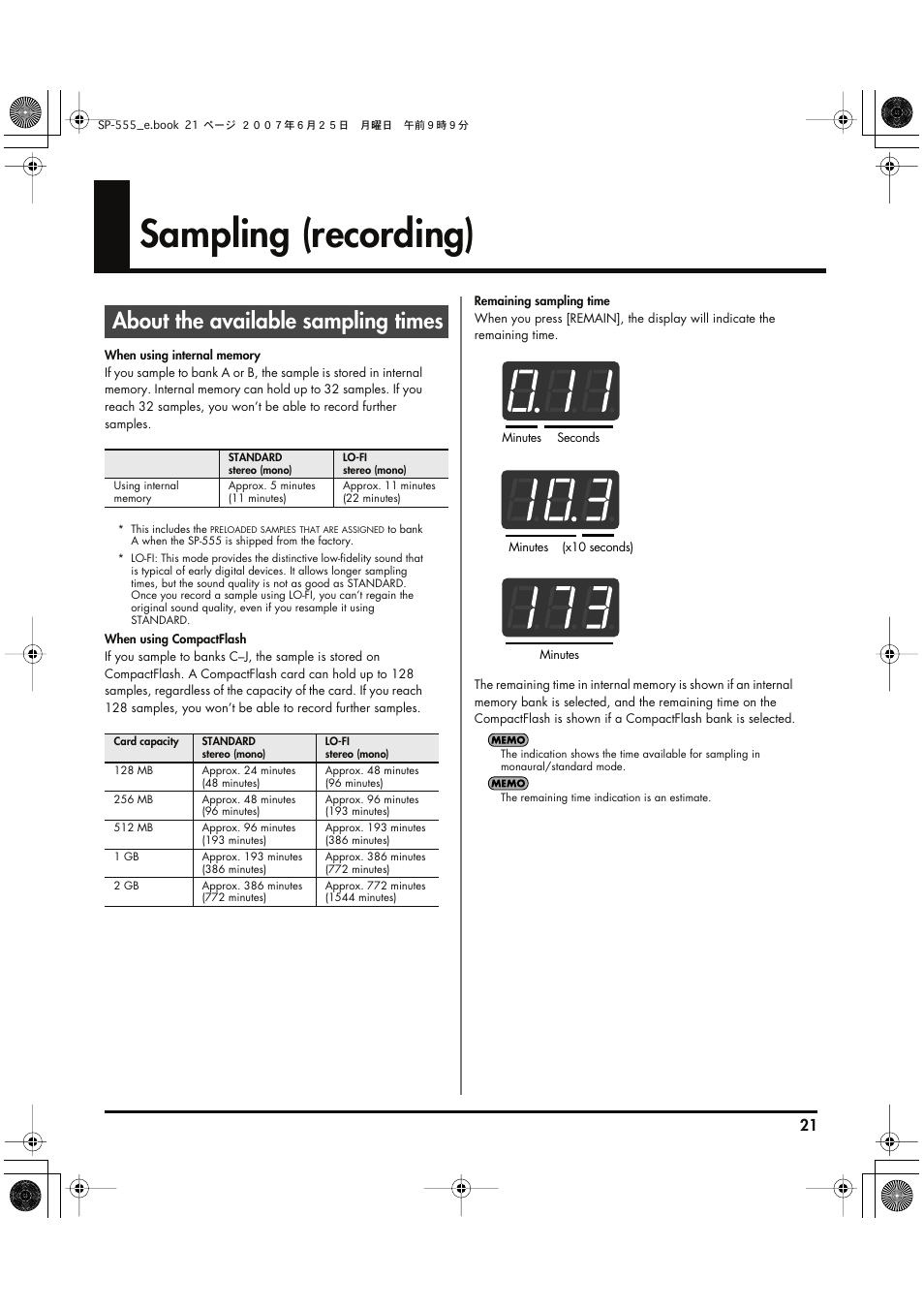 Sampling (recording), About the available sampling times, P. 21) | Roland SP-555 User Manual | Page 21 / 80