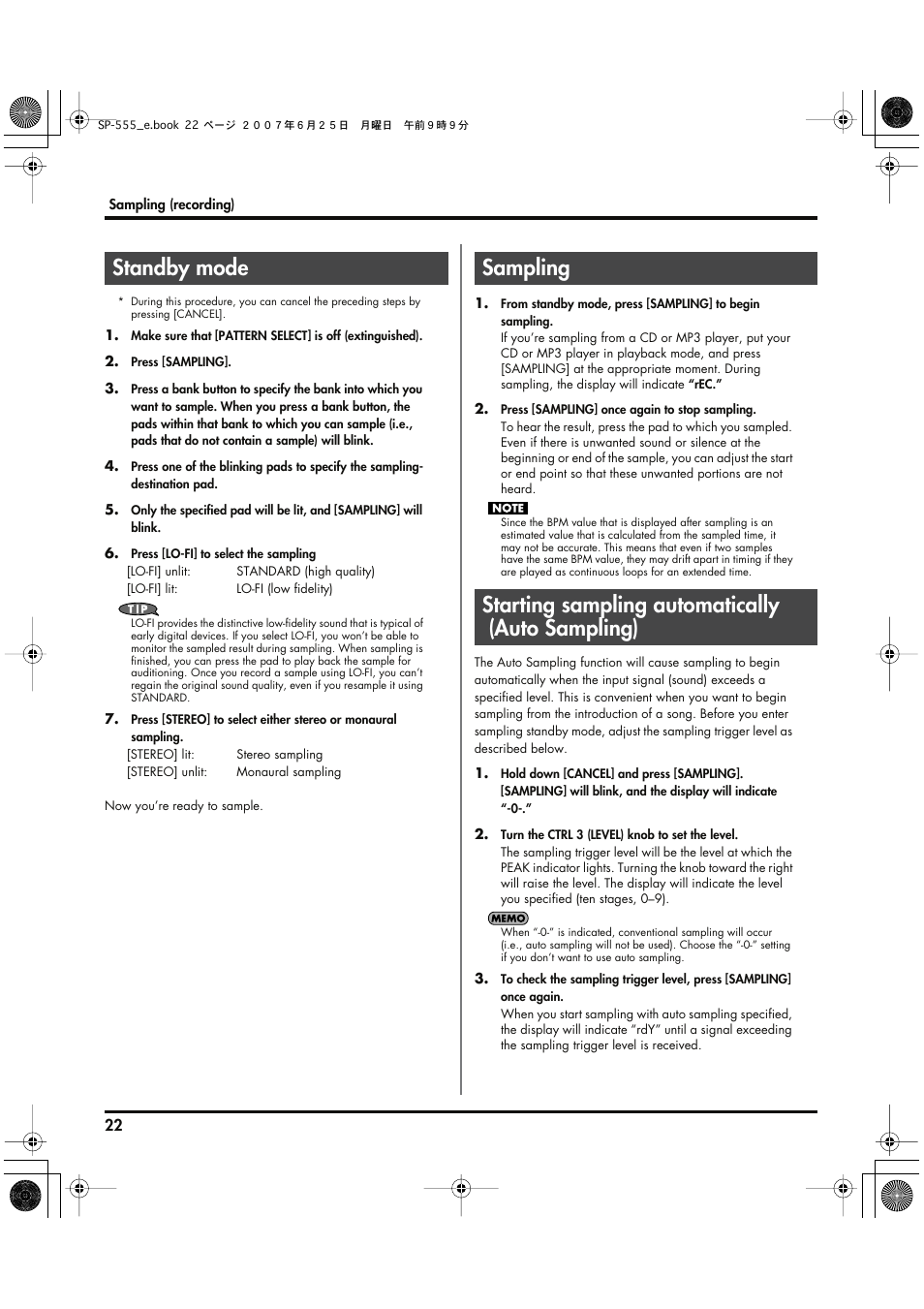 Standby mode, Sampling, Starting sampling automatically (auto sampling) | P. 22) | Roland SP-555 User Manual | Page 22 / 80