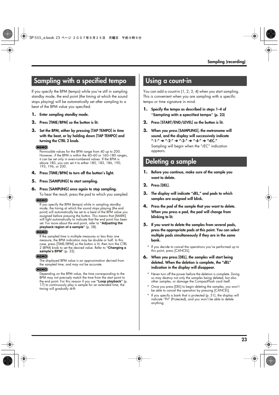 Sampling with a specified tempo, Using a count-in, Deleting a sample | Roland SP-555 User Manual | Page 23 / 80