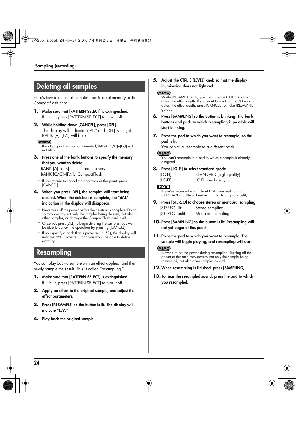 Deleting all samples, Resampling, Deleting all samples resampling | Roland SP-555 User Manual | Page 24 / 80
