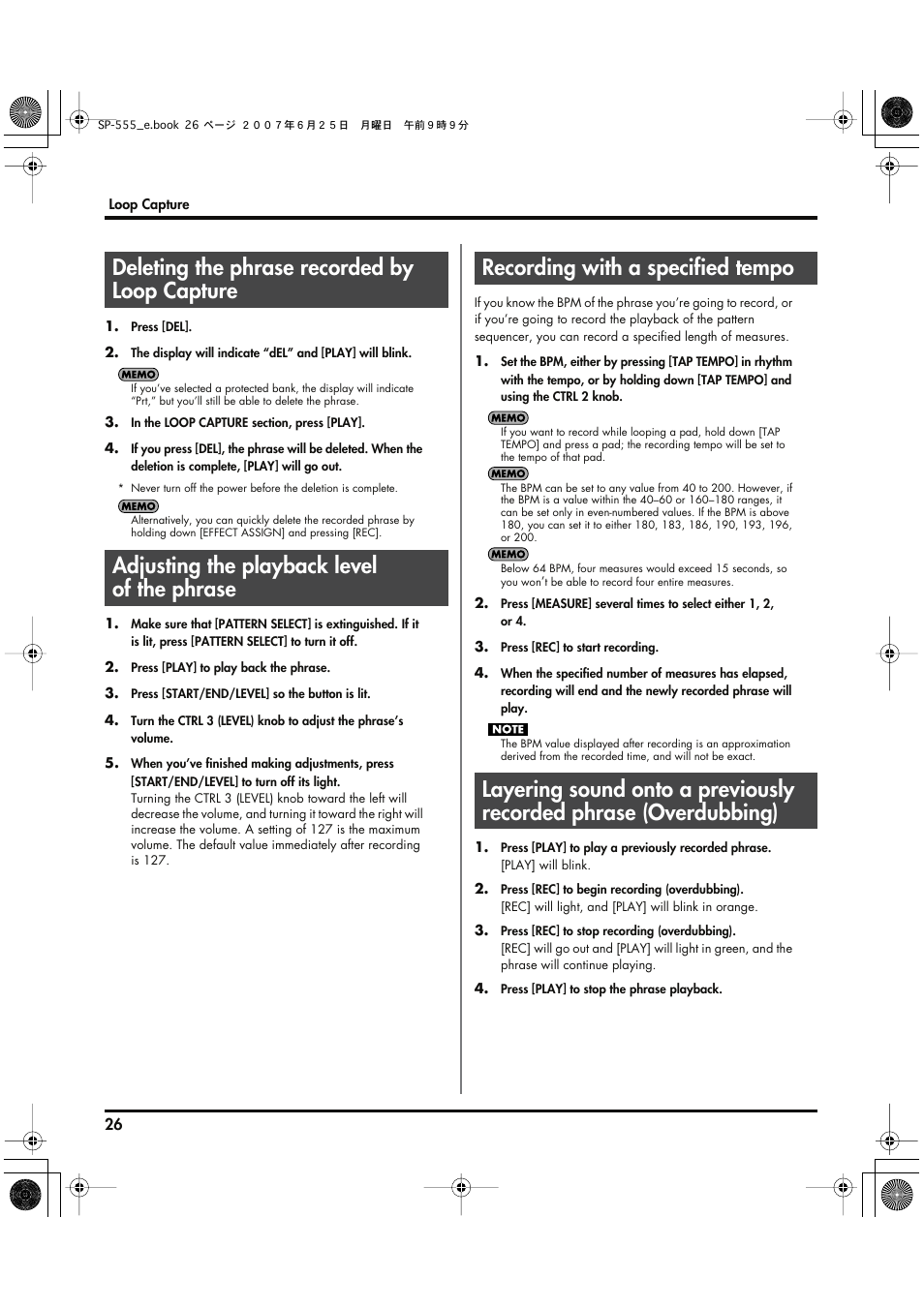 Deleting the phrase recorded by loop capture, Adjusting the playback level of the phrase, Recording with a specified tempo | Roland SP-555 User Manual | Page 26 / 80