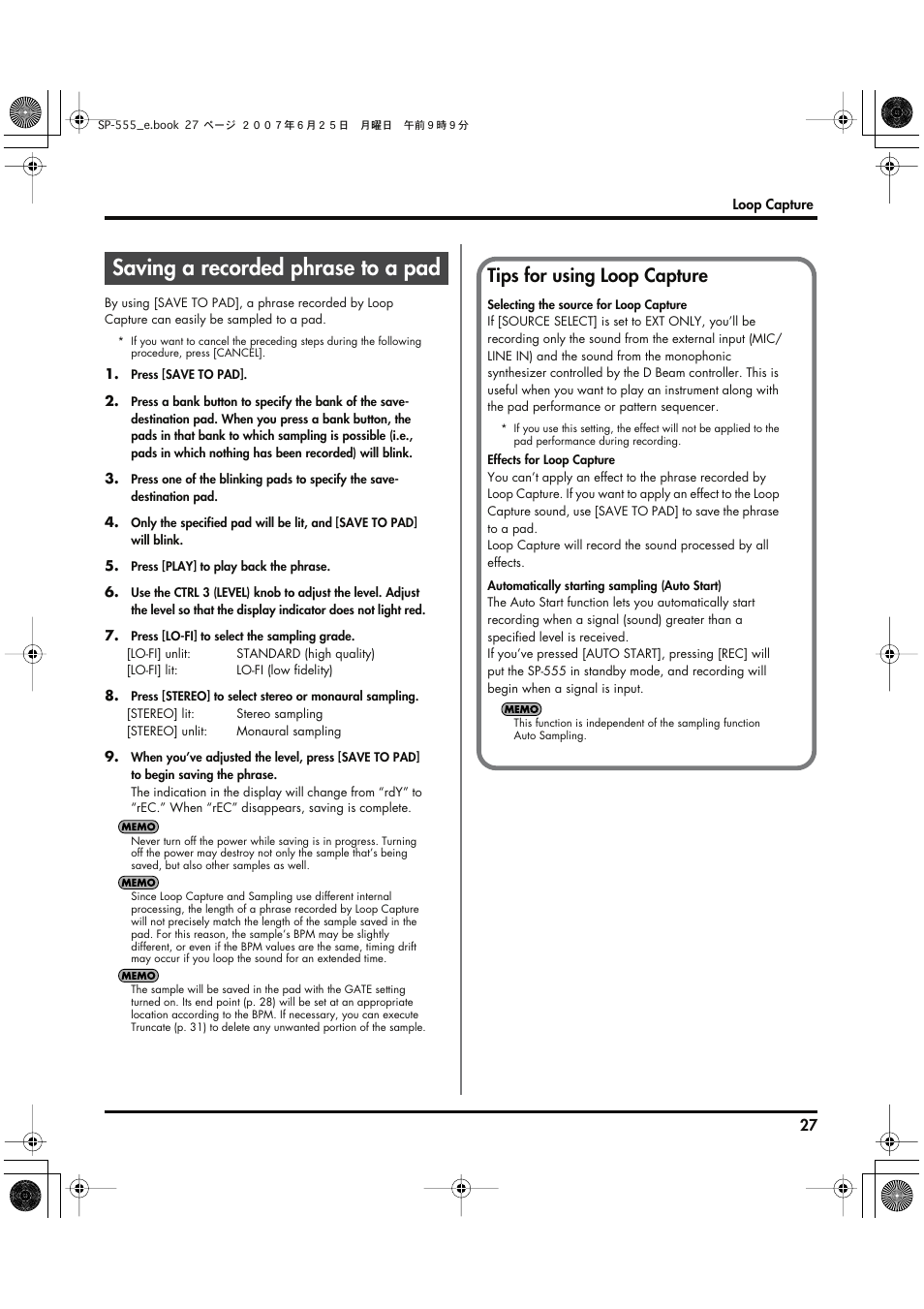 Saving a recorded phrase to a pad, Tips for using loop capture | Roland SP-555 User Manual | Page 27 / 80