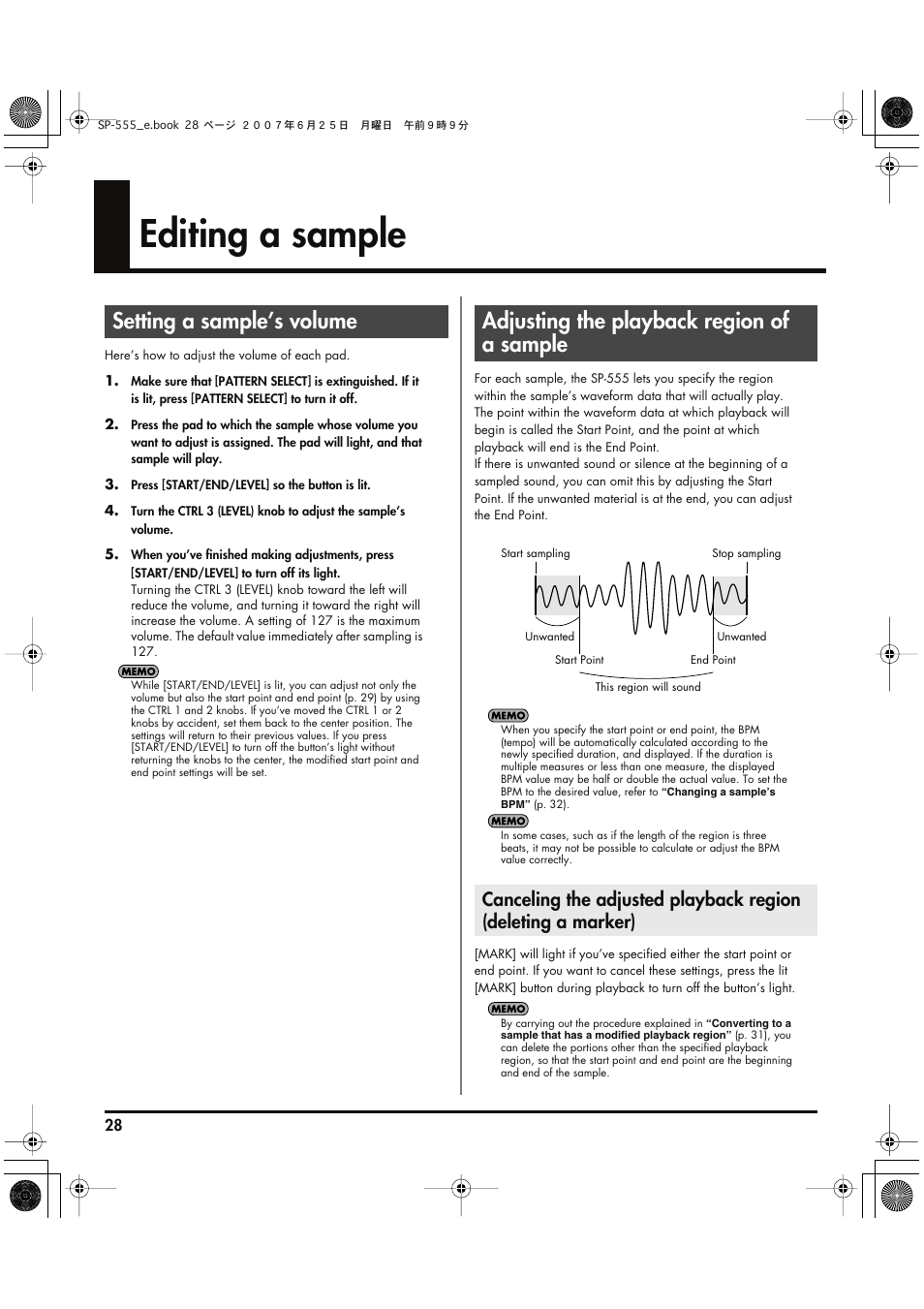 Editing a sample, Setting a sample’s volume, Adjusting the playback region of a sample | Set. for more about the end point, refer to, Adjusting the, Playback region of a sample, P. 28) | Roland SP-555 User Manual | Page 28 / 80