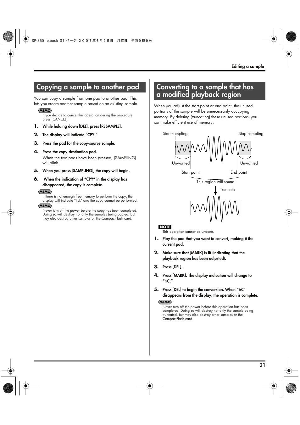 Copying a sample to another pad, Converting to a, Sample that has a modified playback region | P. 31), you | Roland SP-555 User Manual | Page 31 / 80