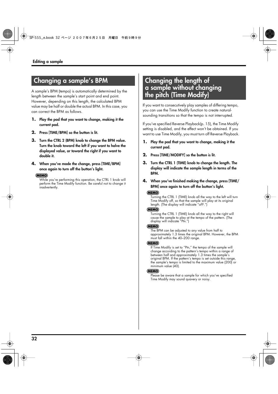 Changing a sample’s bpm, 2 (bpm) knob to set the desired value. refer to, Changing a | Sample’s bpm, P. 32), Bpm to the desired value, refer to, Changing a sample’s | Roland SP-555 User Manual | Page 32 / 80