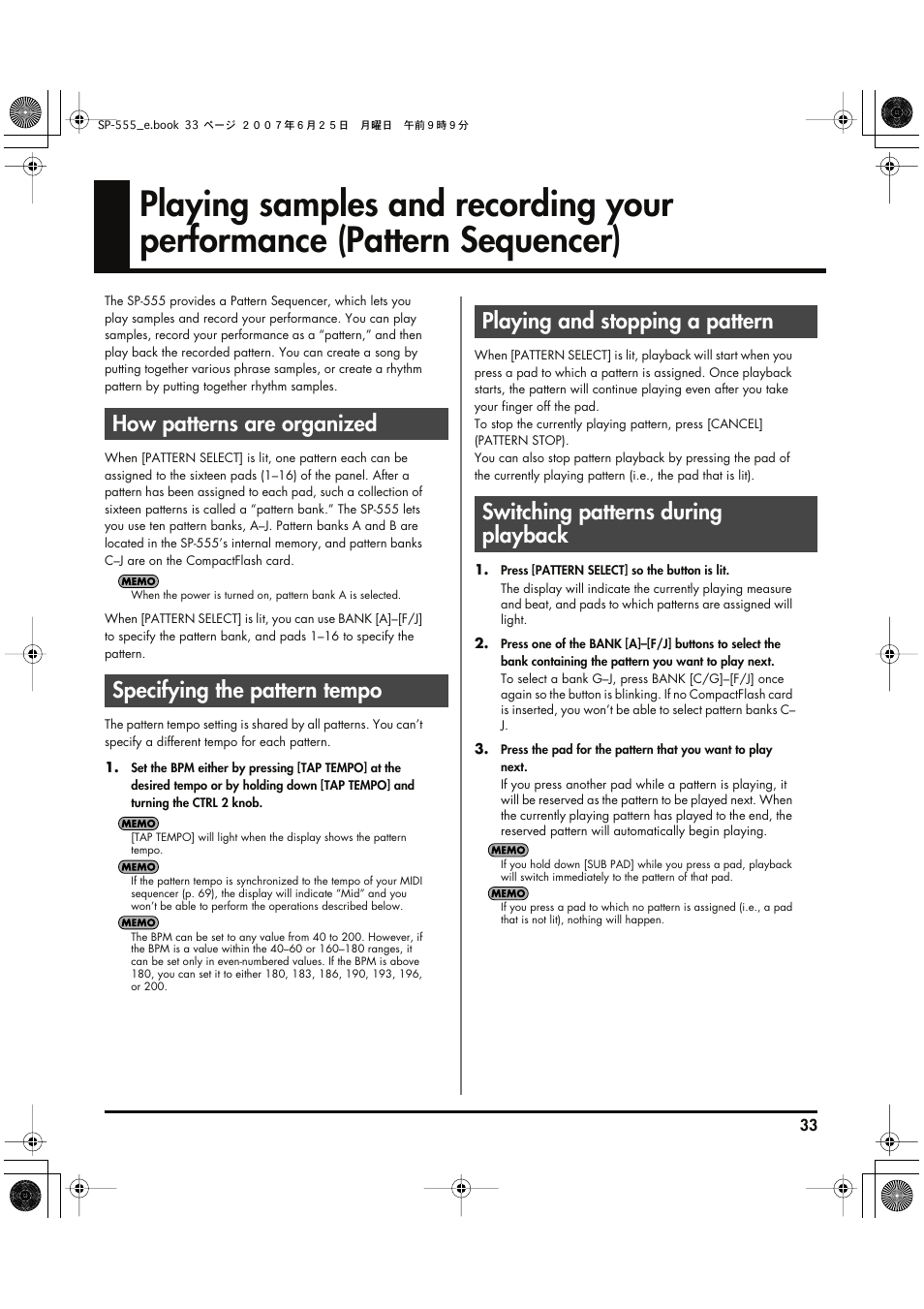 How patterns are organized, Specifying the pattern tempo, Playing and stopping a pattern | Switching patterns during playback, P. 33) | Roland SP-555 User Manual | Page 33 / 80