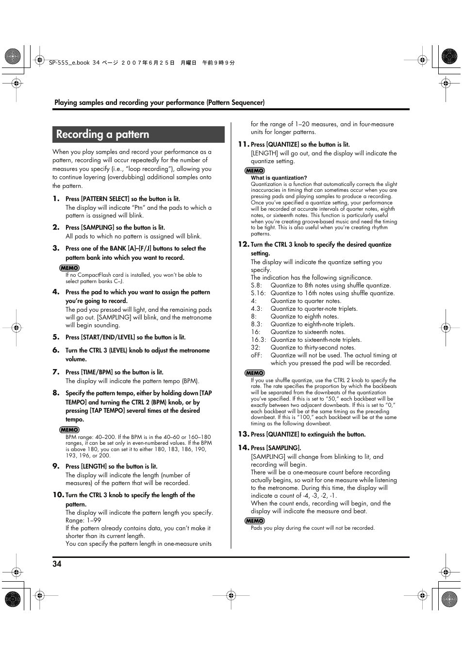 Recording a pattern | Roland SP-555 User Manual | Page 34 / 80