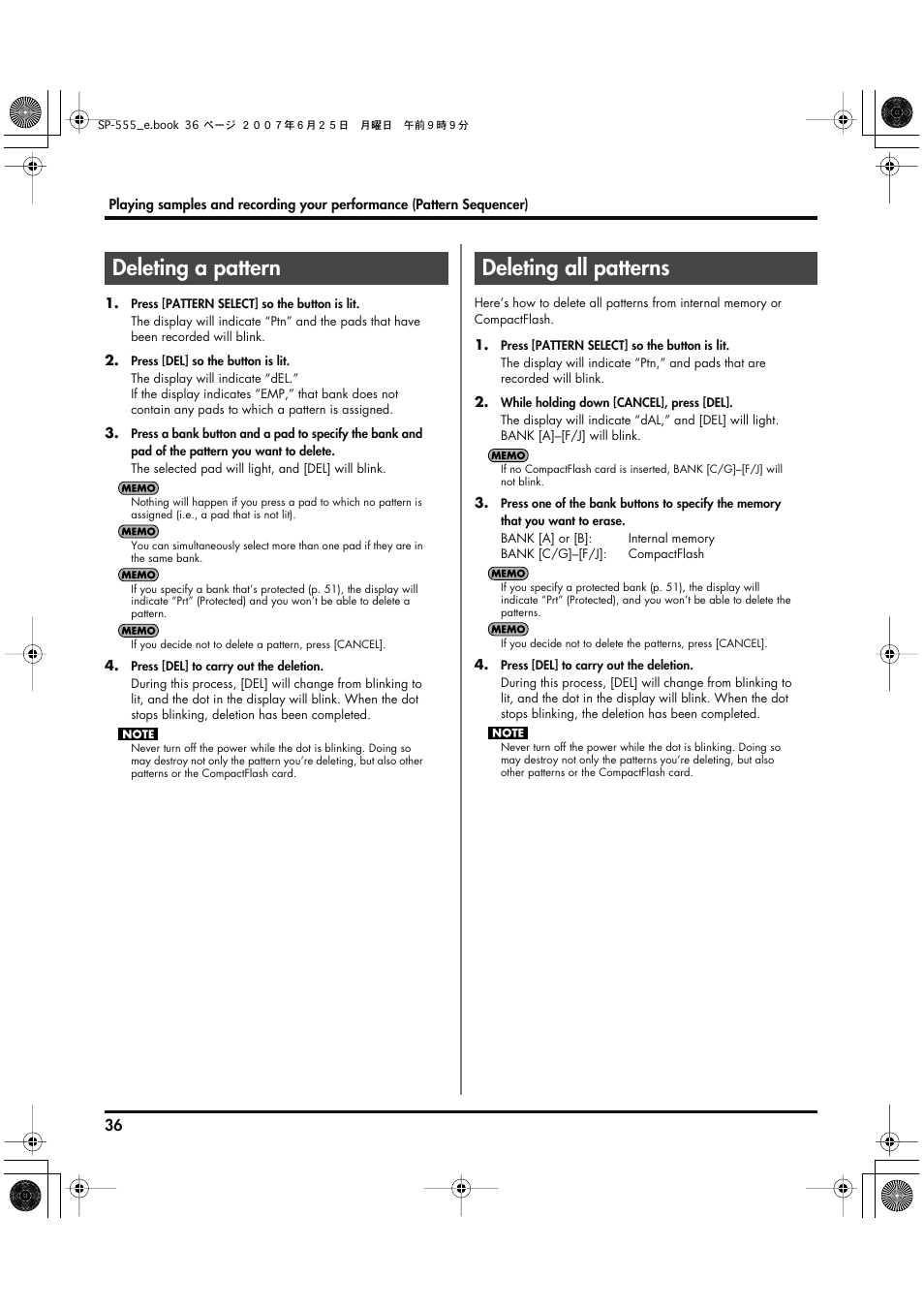 Deleting a pattern, Deleting all patterns, Deleting a pattern deleting all patterns | Roland SP-555 User Manual | Page 36 / 80