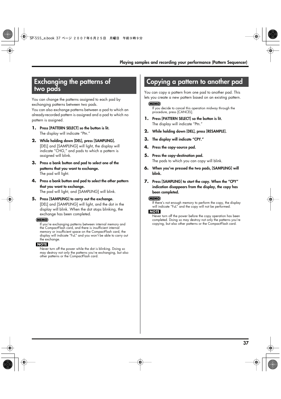 Exchanging the patterns of two pads, Copying a pattern to another pad | Roland SP-555 User Manual | Page 37 / 80