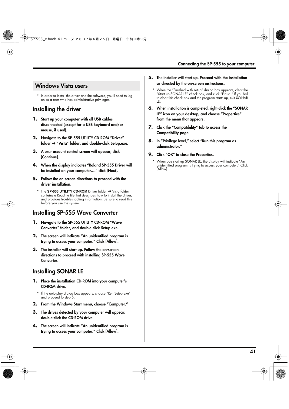 Windows vista users, Installing the driver, Installing sp-555 wave converter | Installing sonar le | Roland SP-555 User Manual | Page 41 / 80