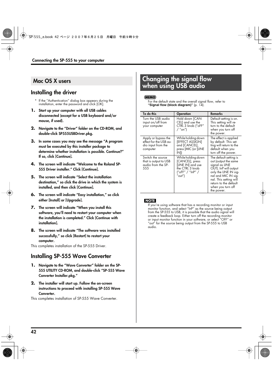 Mac os x users, Changing the signal flow when using usb audio, Installing the driver | Installing sp-555 wave converter | Roland SP-555 User Manual | Page 42 / 80