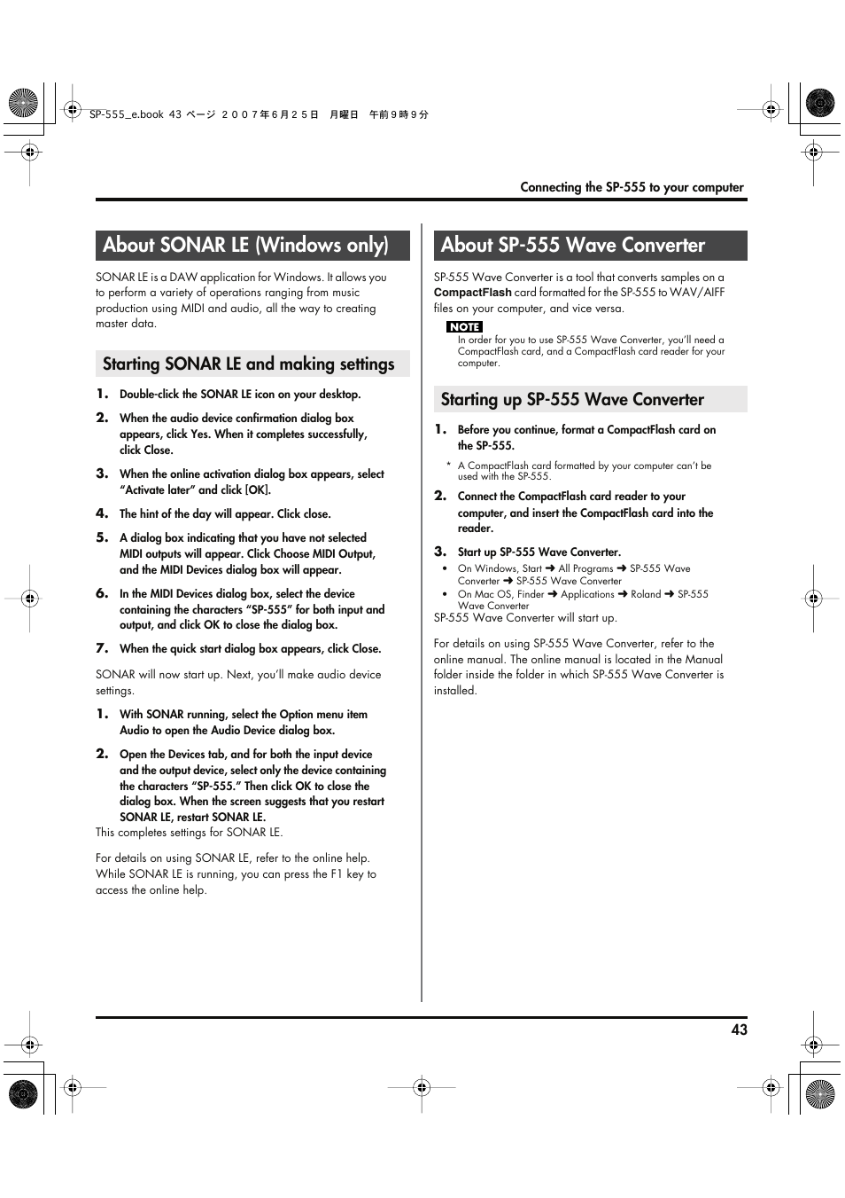 About sonar le (windows only), Starting sonar le and making settings, About sp-555 wave converter | Starting up sp-555 wave converter, Completed, refer to, Starting sonar le and making, Settings, P. 43) | Roland SP-555 User Manual | Page 43 / 80