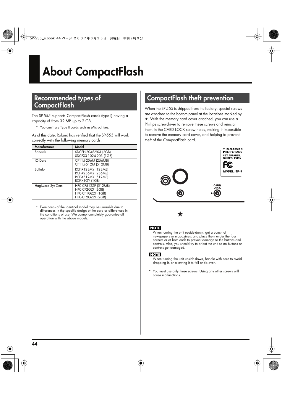 About compactflash, Recommended types of compactflash, Compactflash theft prevention | P. 44) | Roland SP-555 User Manual | Page 44 / 80