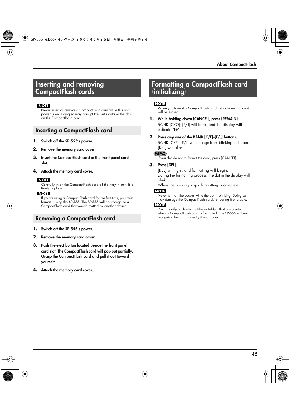 Inserting and removing compactflash cards, Inserting a compactflash card, Removing a compactflash card | Formatting a compactflash card (initializing) | Roland SP-555 User Manual | Page 45 / 80