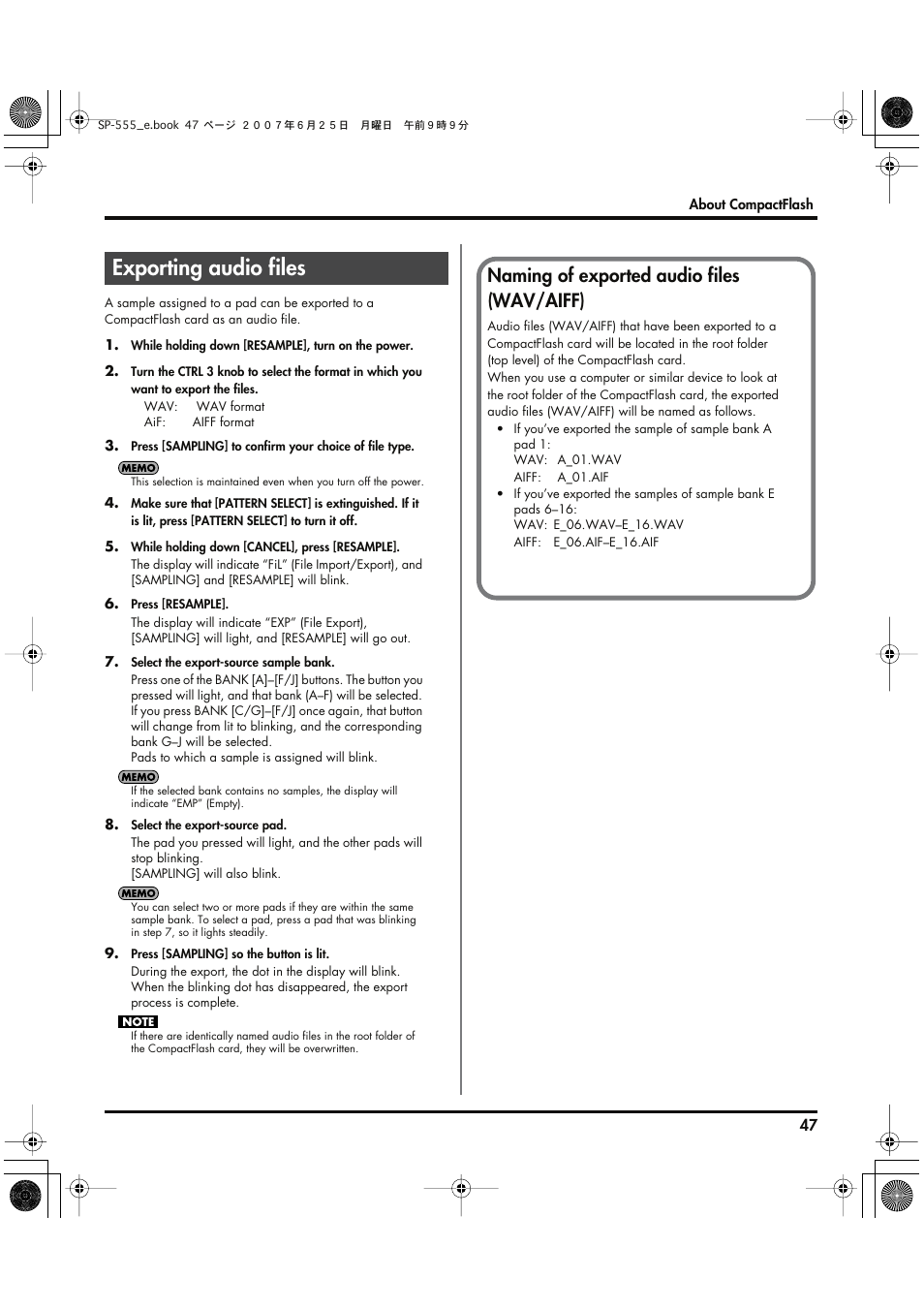 Exporting audio files, Naming of exported audio files (wav/aiff) | Roland SP-555 User Manual | Page 47 / 80