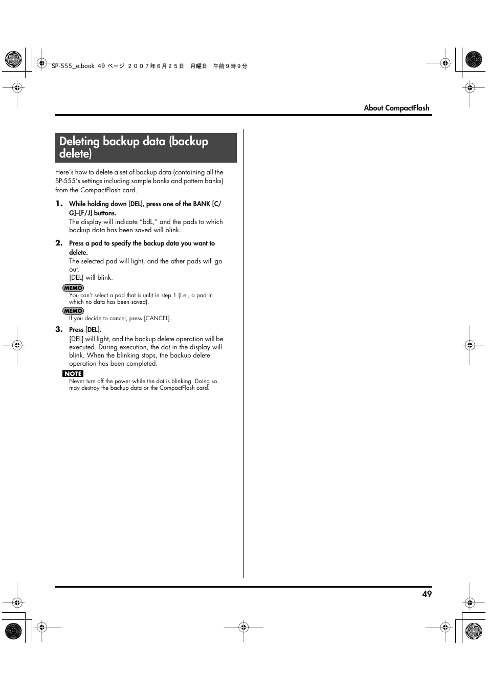 Deleting backup data (backup delete) | Roland SP-555 User Manual | Page 49 / 80