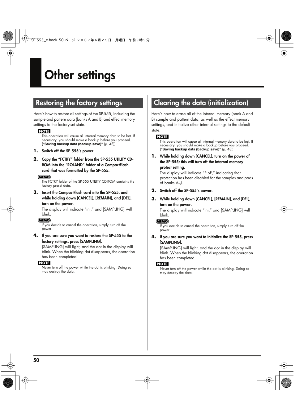 Other settings, Restoring the factory settings, Clearing the data (initialization) | Roland SP-555 User Manual | Page 50 / 80