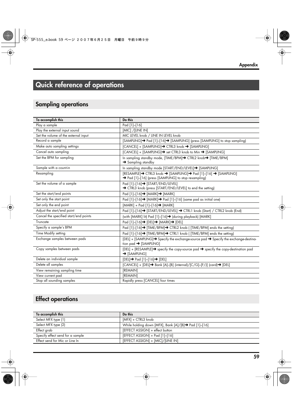 Quick reference of operations, Sampling operations, Effect operations | Roland SP-555 User Manual | Page 59 / 80