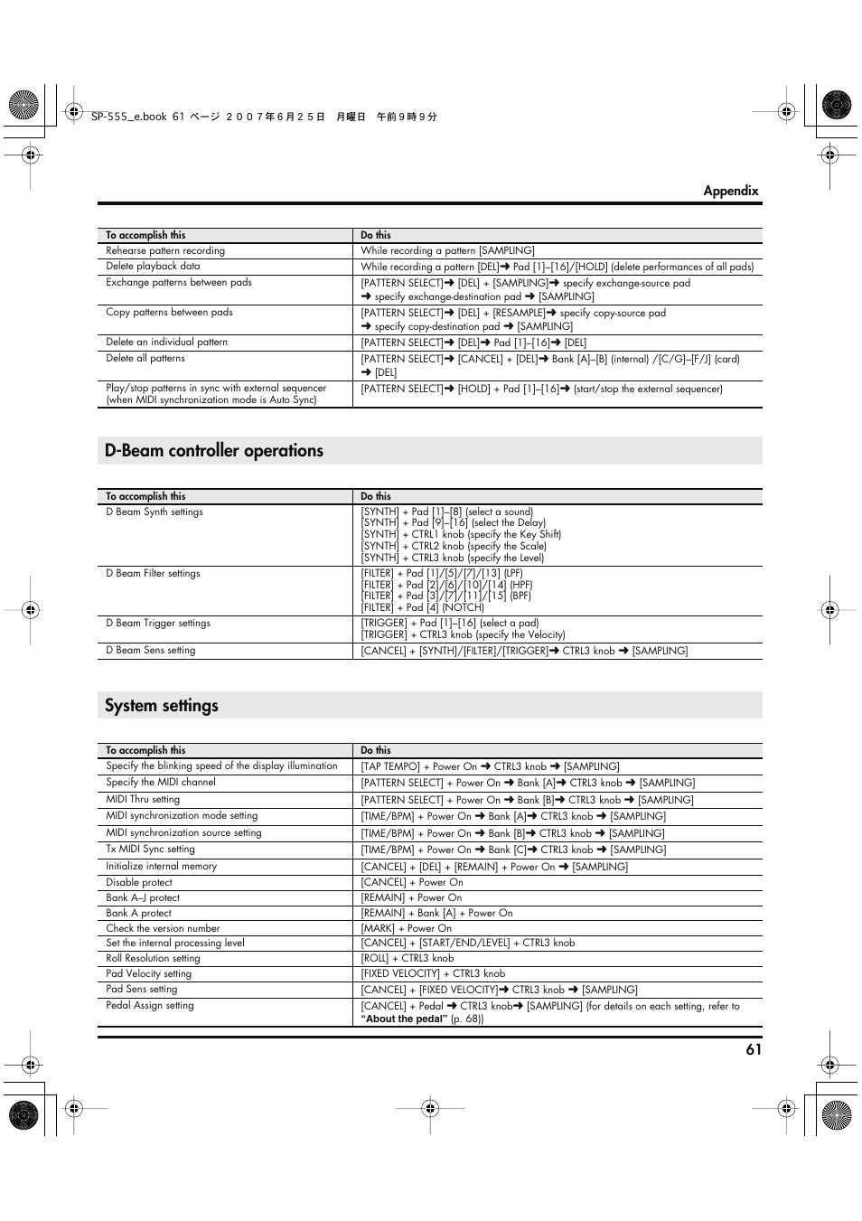 D-beam controller operations, System settings | Roland SP-555 User Manual | Page 61 / 80