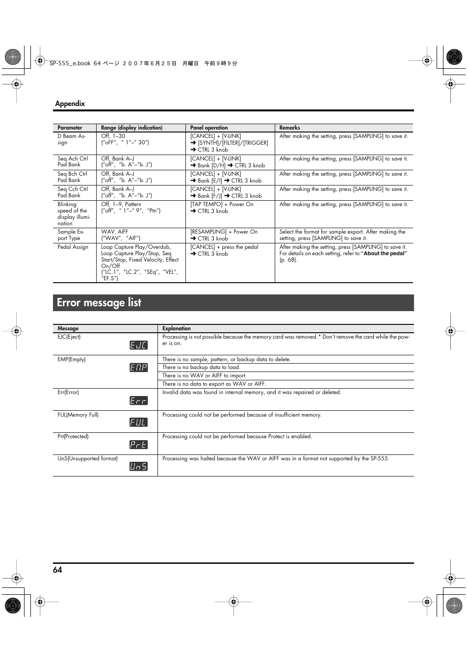 Error message list | Roland SP-555 User Manual | Page 64 / 80